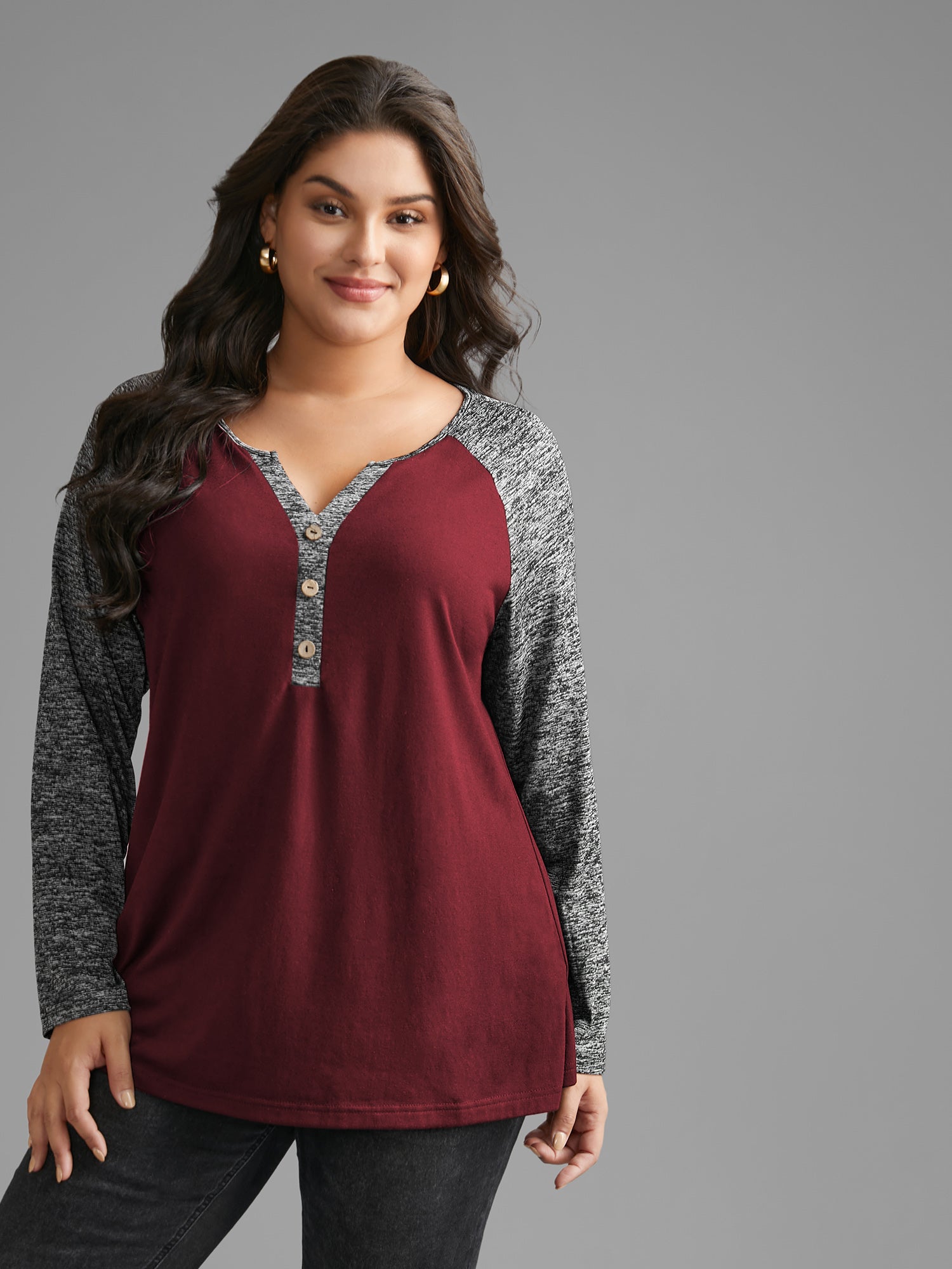 Heather Patchwork Button Detail Stretchy T-Shirt
