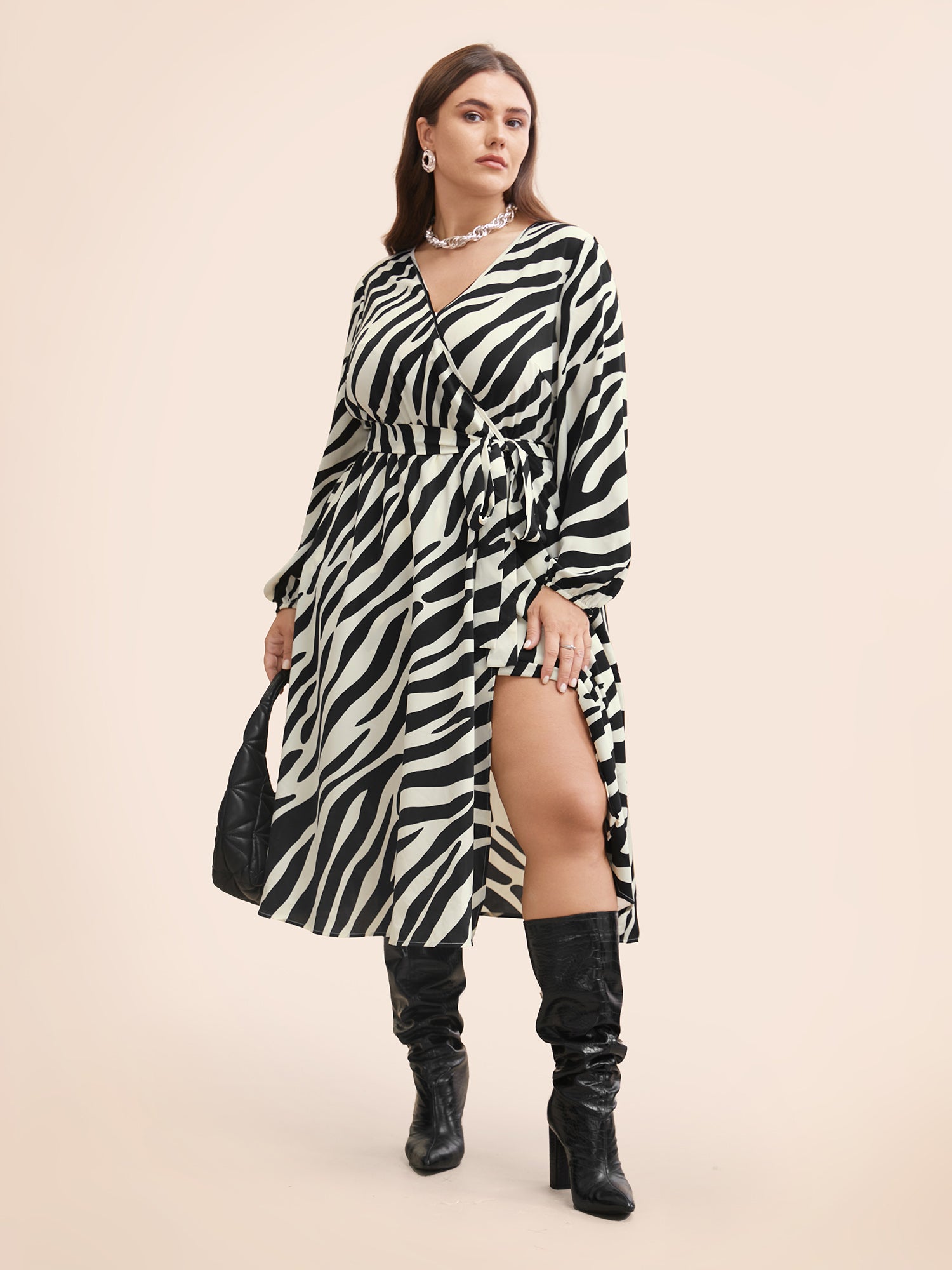 Zebra Print Overlap Collar Split Hem Dress