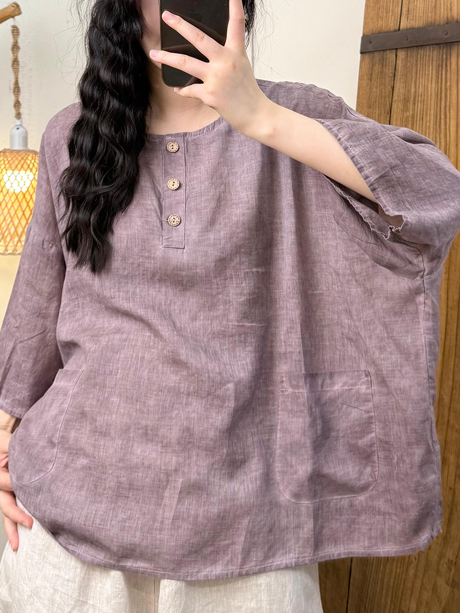 Women Summer Retro Pure Color O-Neck Linen Shirt