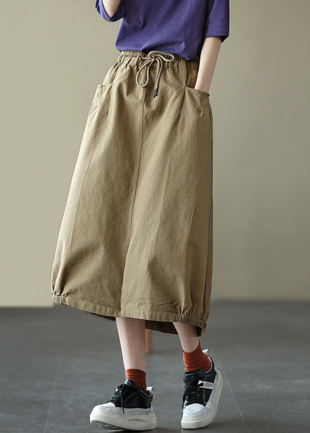 Fashion Light Green Elastic Waist Side Open Pockets Cotton Skirt Summer