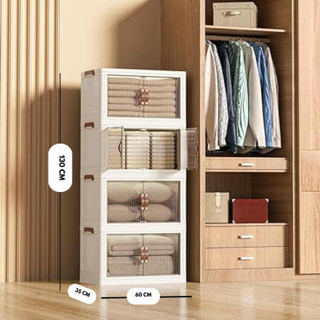 Foldable Storage Cabinet 4 Layer. Stackable Portable Storage Cabinet with Movable Wheels