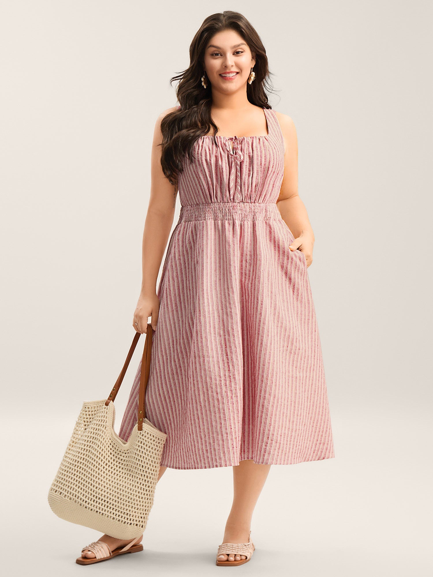 Stripe Print Shirred Waist Midi Dress