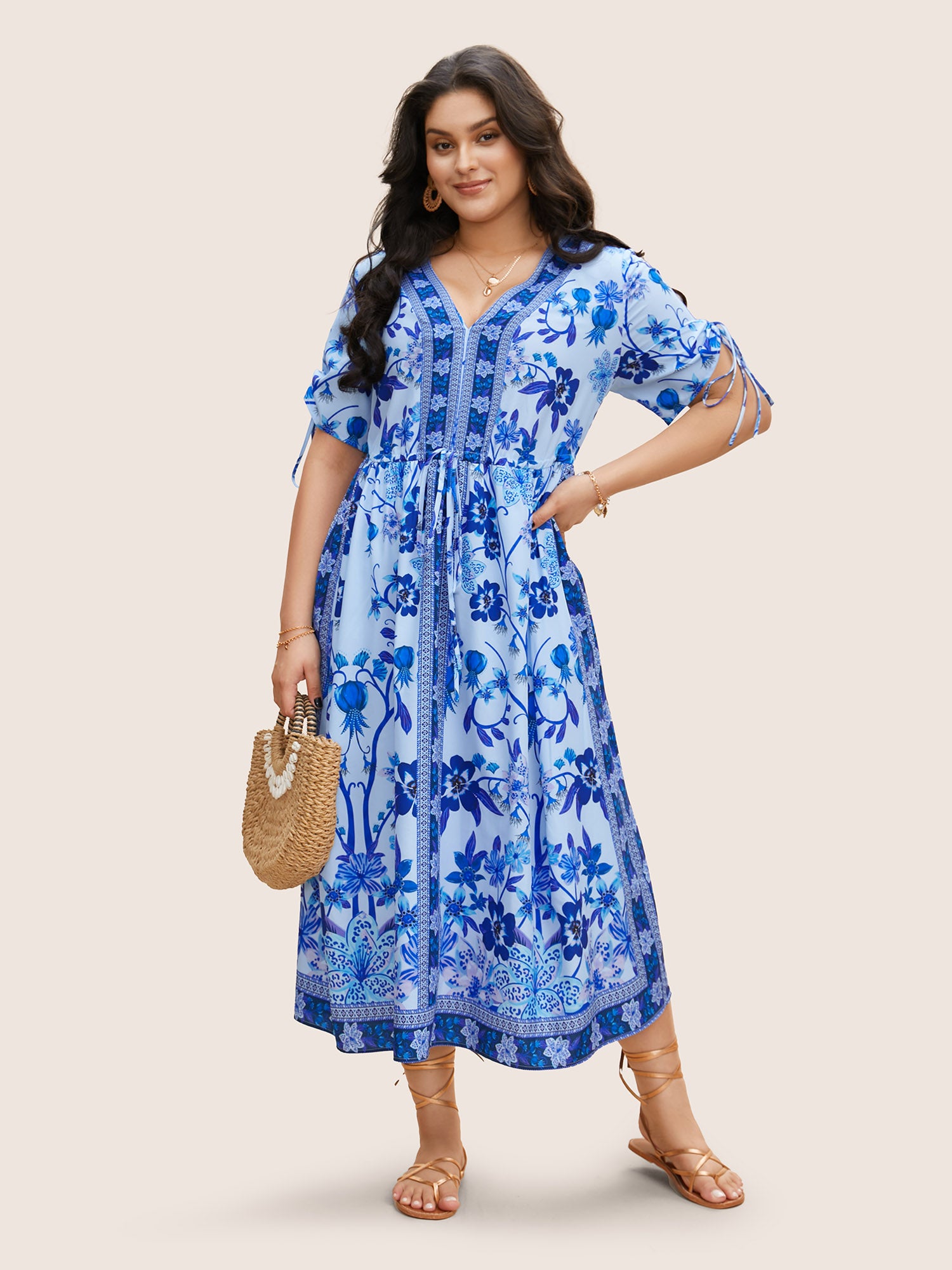 Boho Print V Neck Drawstring Dress