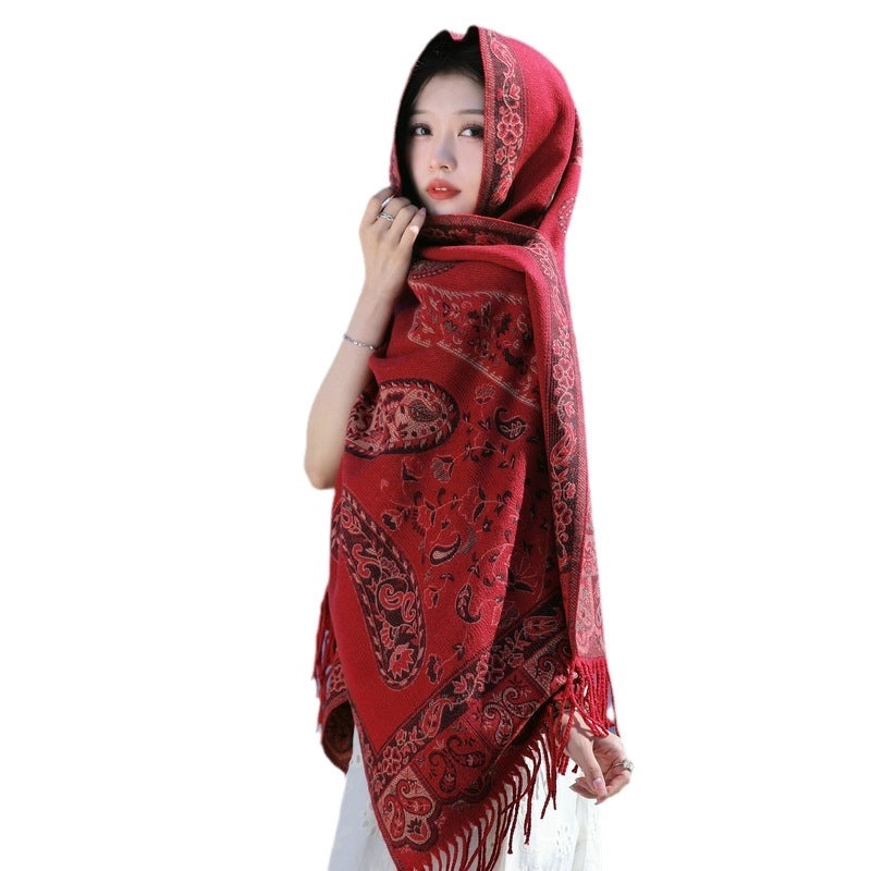 Red Ethnic Style Cashew Scarf Women's  Winter Thickened Shawl Travel Air Conditioning Blanket Scarf Cape