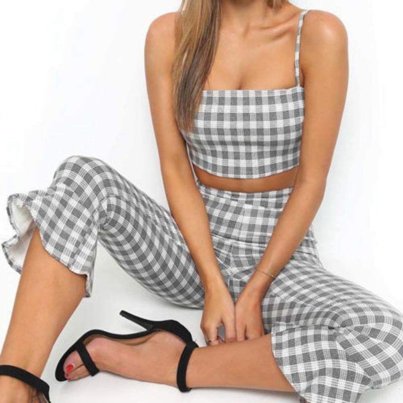 Grey Plaid Cropped Top Flared Pants (2 Piece Set)