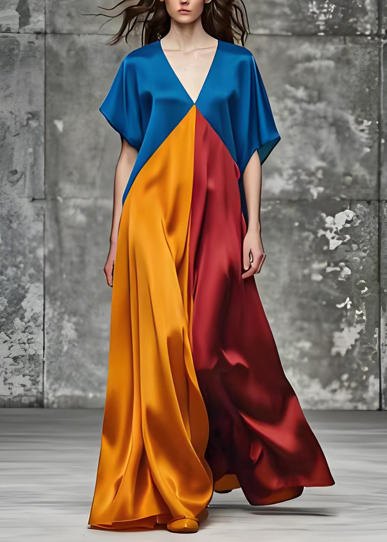 Colorblock V Neck Loose Silk Long Dress Summer