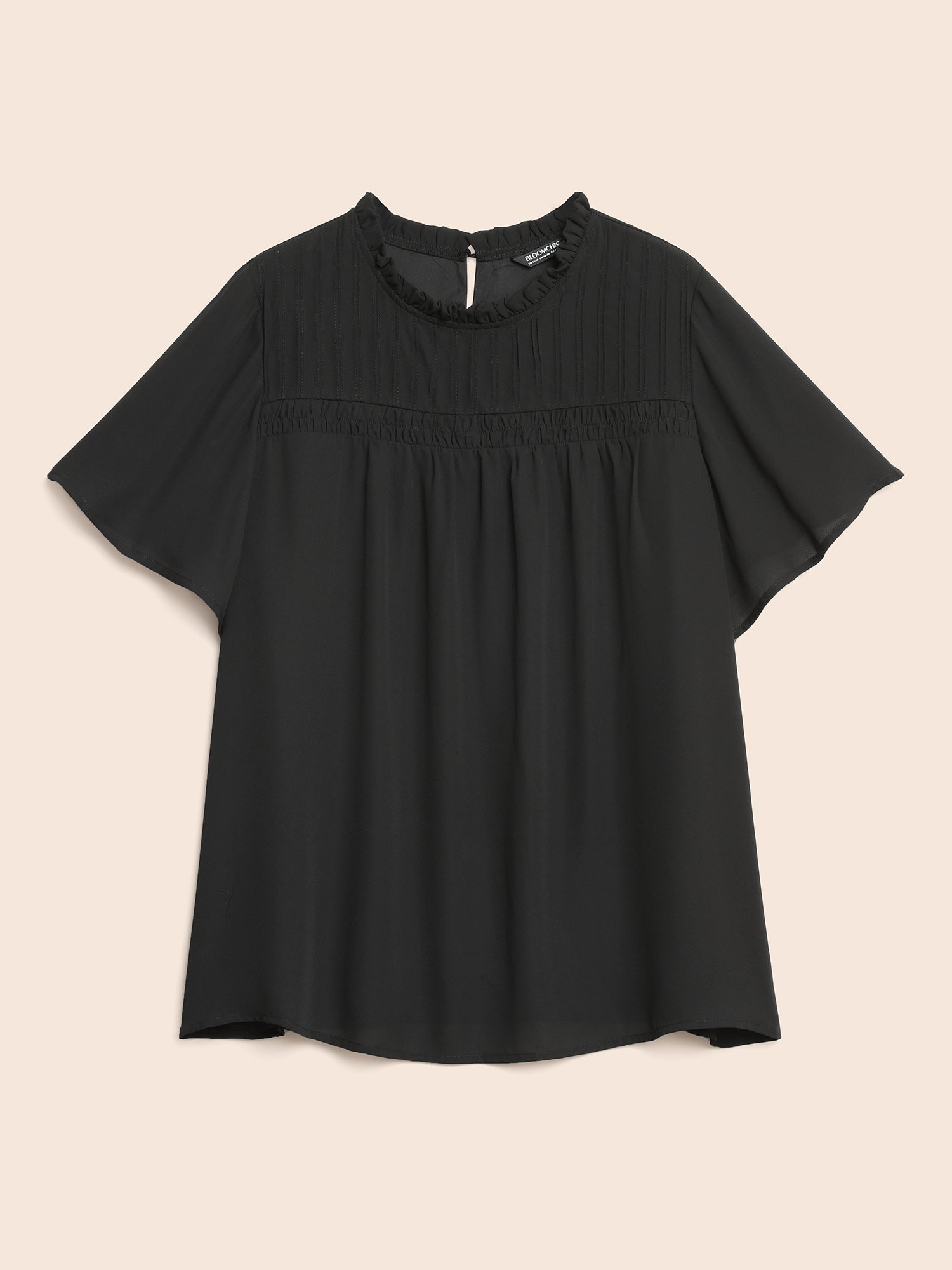 Anti-Wrinkle Shirred Ruffle Sleeve Mesh Frill Trim Blouse