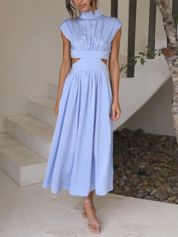 Cap Sleeve Belly-Hollow Pleated Solid Color Stand Collar Maxi Dresses