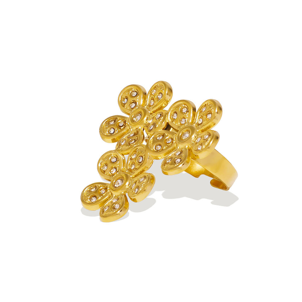 French Retro Style Micro-Inlaid Zircon Open Stainless Steel Ring Five-Petal Plum Blossom Large Ring For Women