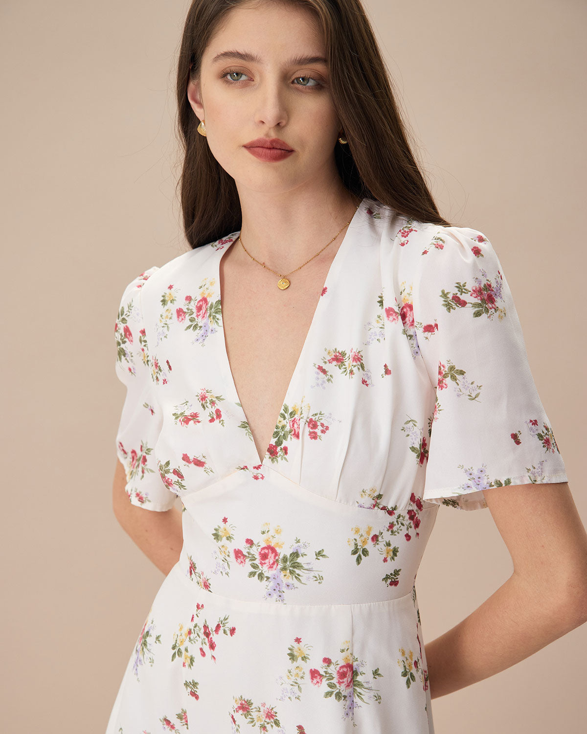 The Apricot V Neck Floral Ruched Midi Dress