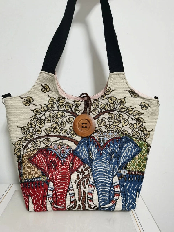 Women's Large Canvas Elephant Ethnic Style Square Zipper Shoulder Bag