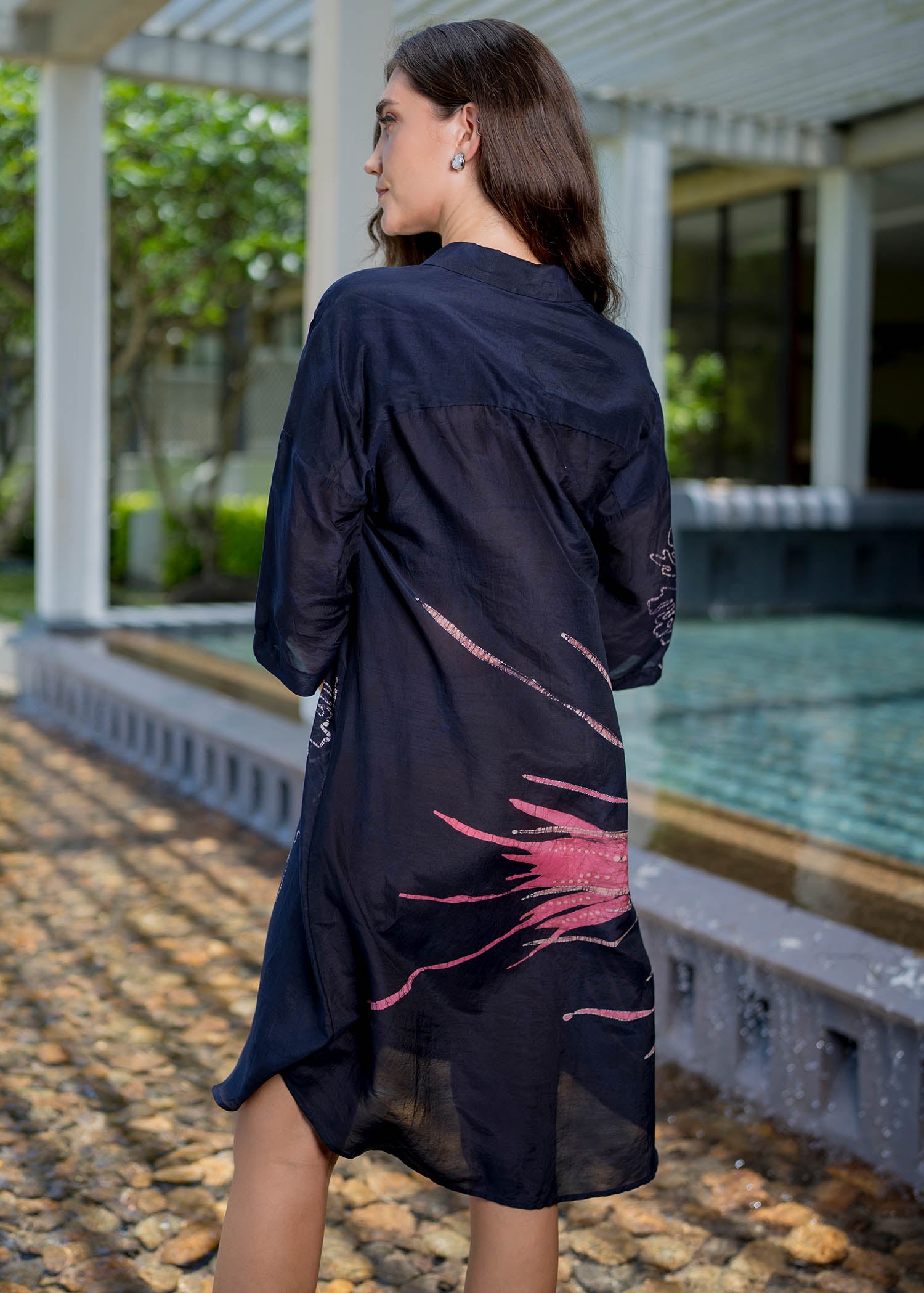 Jelly Fish Hand Painted Batik Short Placket Shirt dress