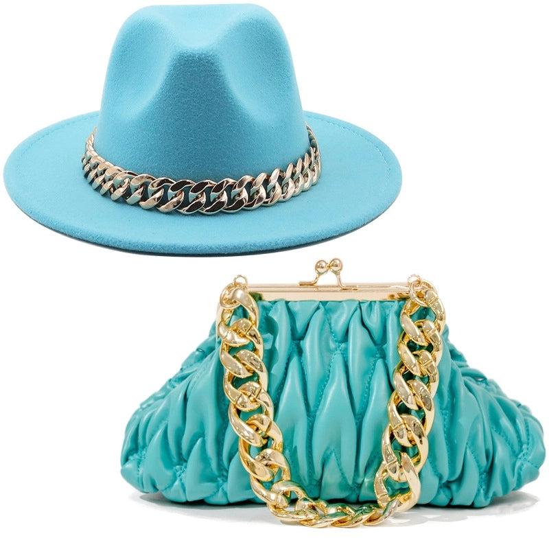 Women's British Style Solid Color Chain Flat Eaves Fedora Hat