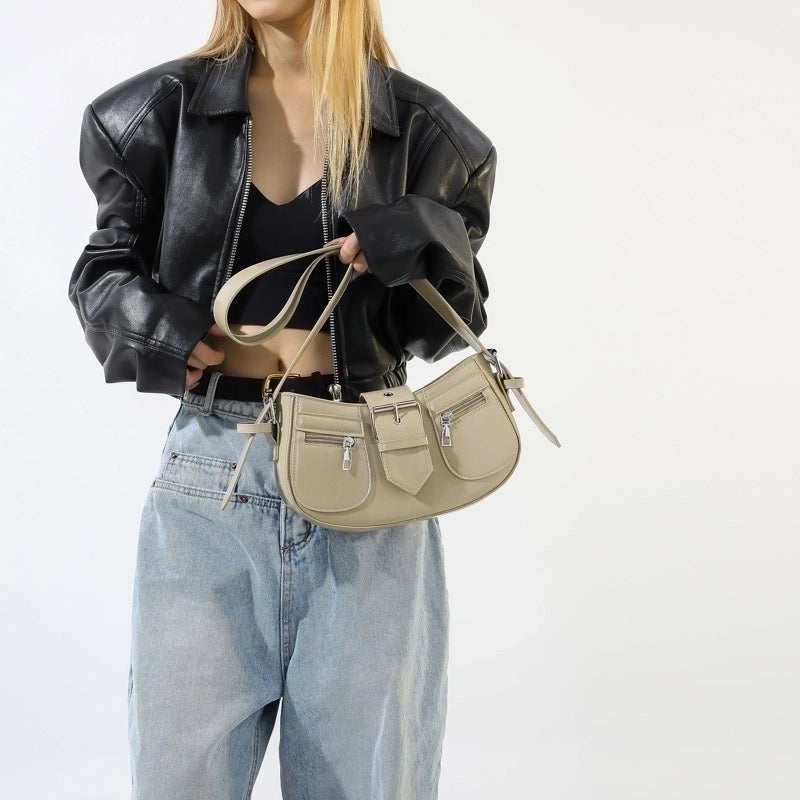 Women's Pu Solid Color Punk Classic Style Sewing Thread Dumpling Shape Zipper Underarm Bag