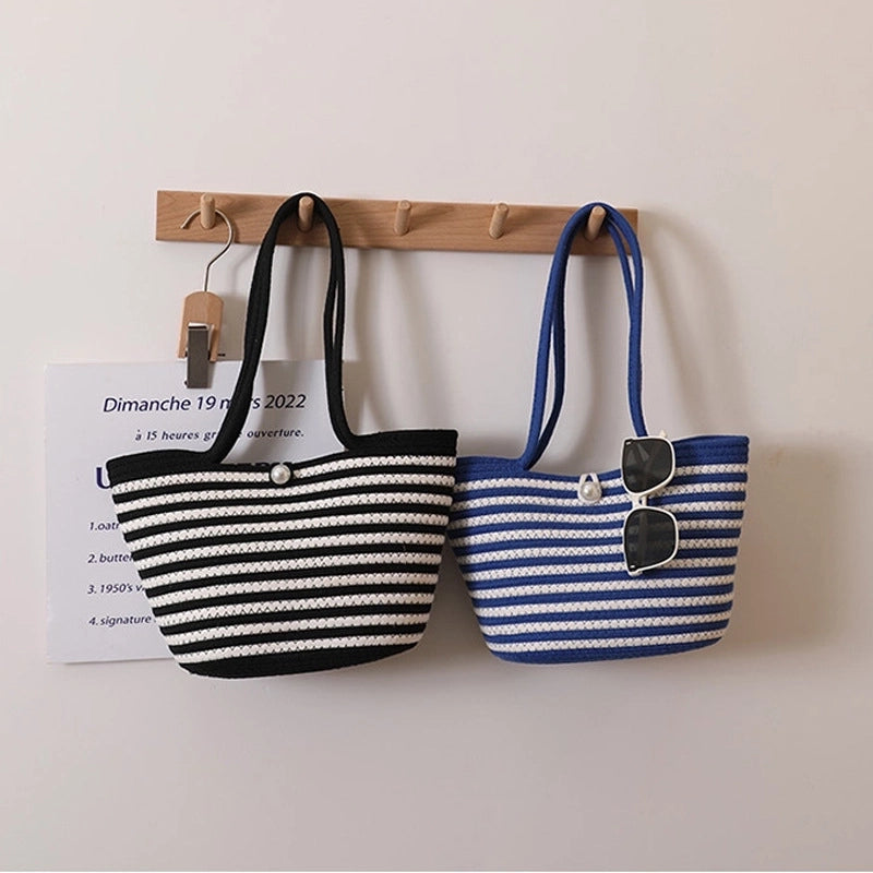 Women's Medium Polyester Stripe Classic Style Square Open Straw Bag