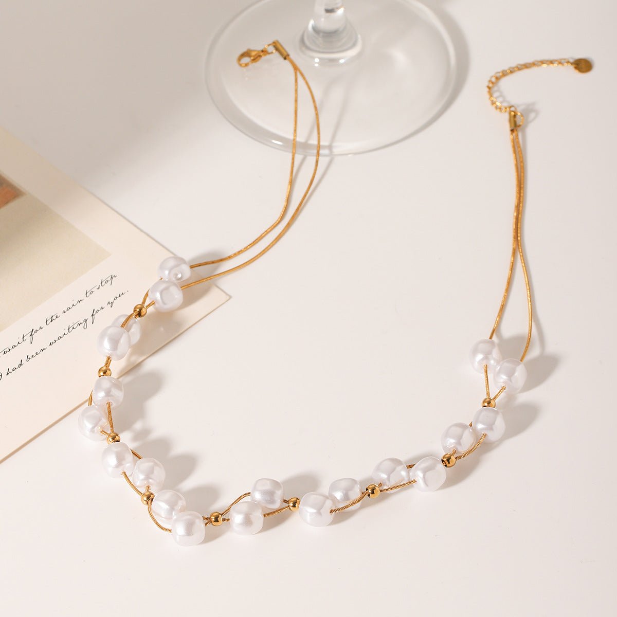 Stainless Steel Clavicle Chain Women'S Beaded Double Layer Pearl Necklace