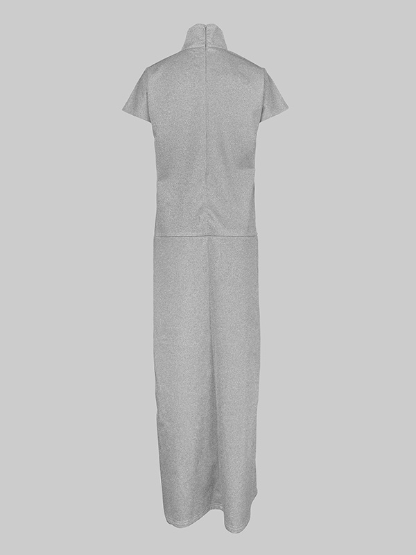 Loose Short Sleeves Solid Color Split-Joint High Neck Maxi Dresses
