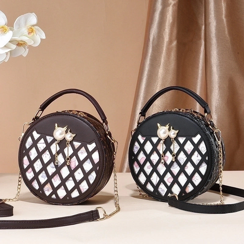 Women's Small All Seasons Pu Leather Color Block Classic Style Round Zipper Shoulder Bag