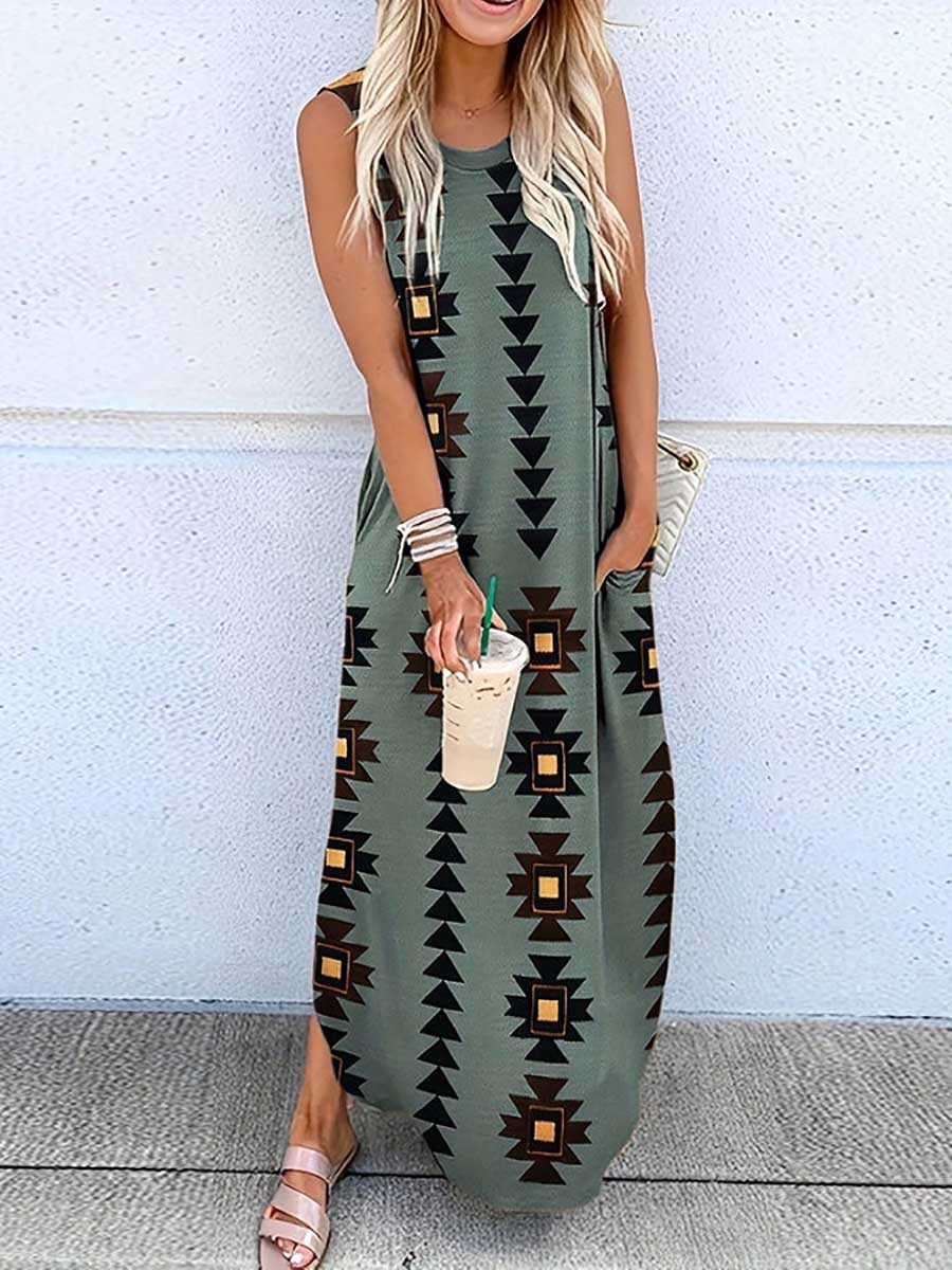 Celina Geometric Hippie Print Pocketed Knit Maxi Dress