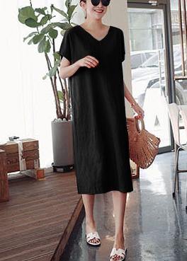 DIY o neck side open Cotton summer Tunics linen black Dress