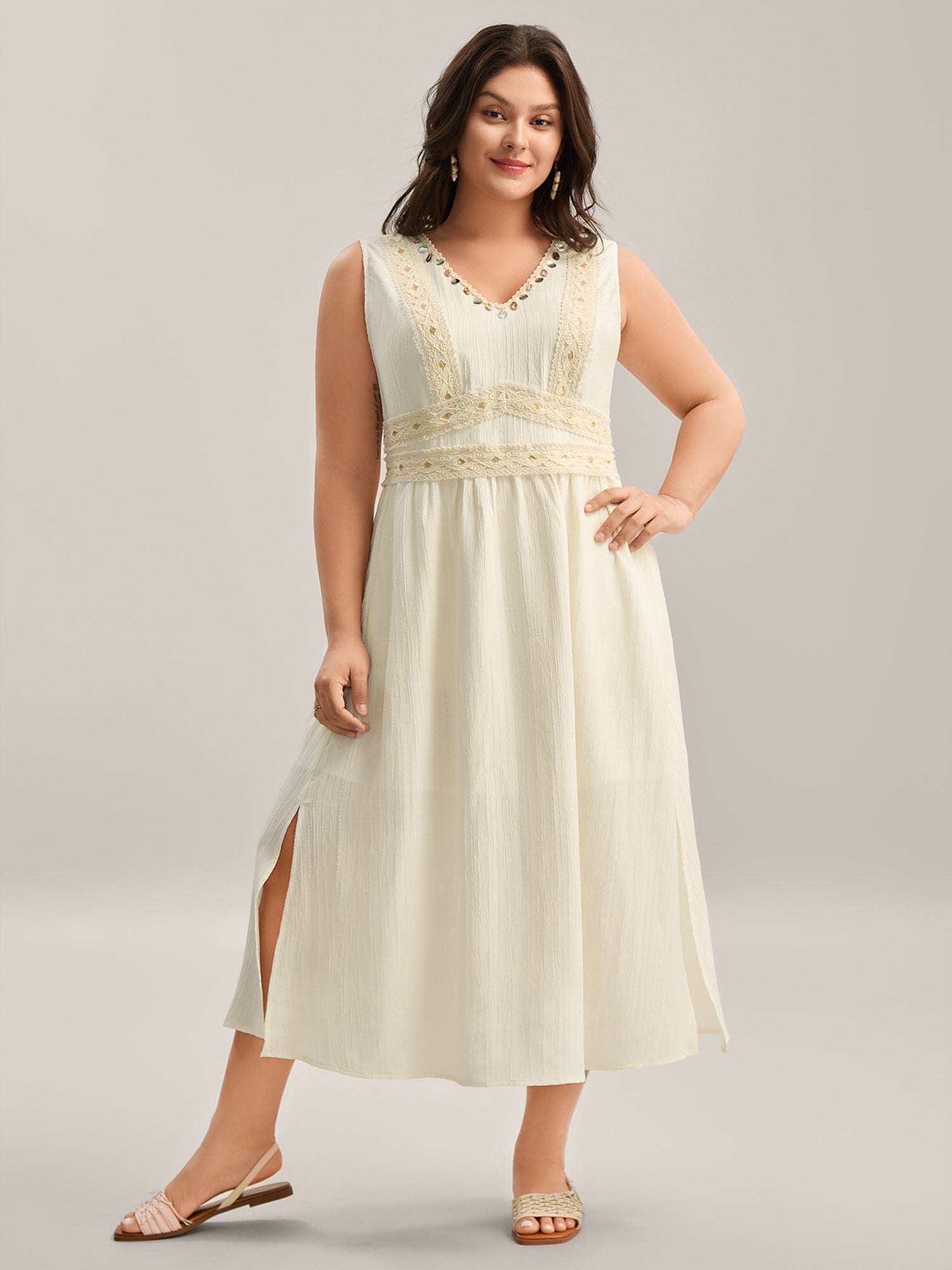 Textured Solid Lace Trim Midi Dress