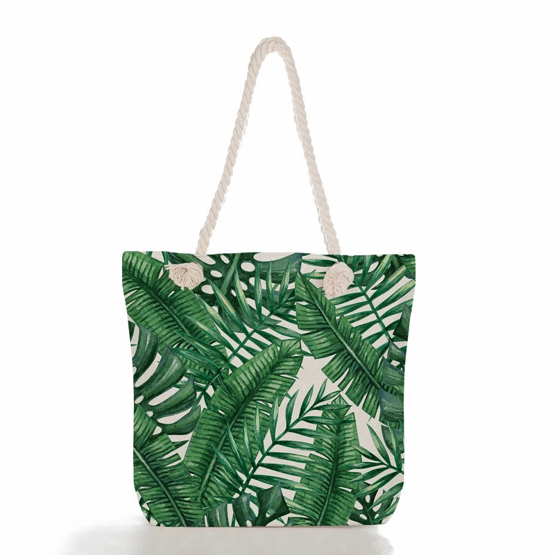 Green Leaf Printed Cotton Rope Bag Large Capacity Shoulder Bag Student Book Tote Bag Printable Logo