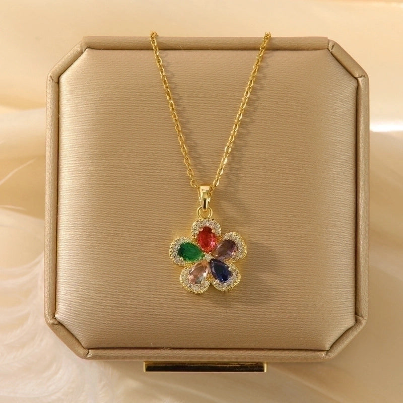 3 Pieces Lady Heart Shape Flower Titanium Steel Plating Inlay Zircon Gold Plated Pendant Necklace