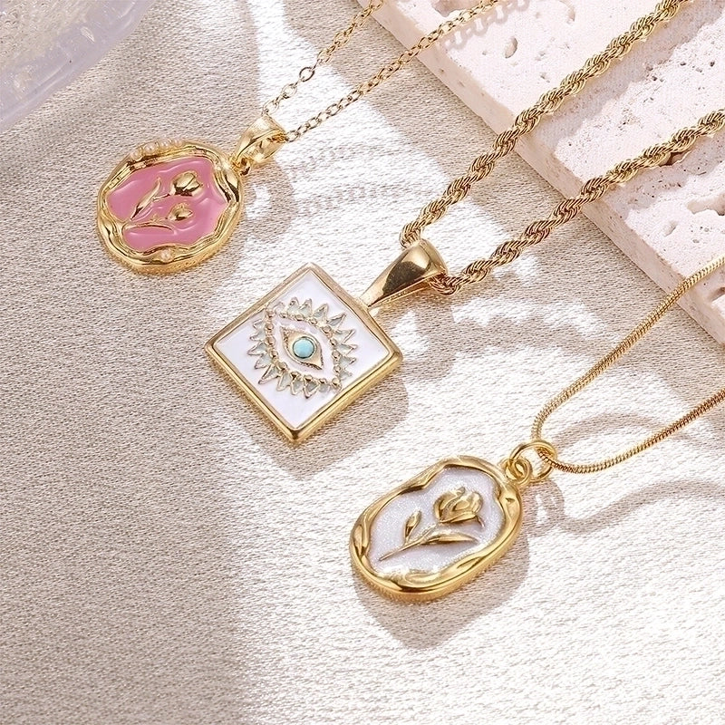 12 Pieces Elegant Retro Devil's Eye Rose Stainless Steel Enamel Plating 18k Gold Plated Pendant Necklace