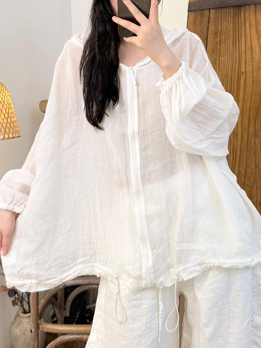 Women Summer Artsy Pure Color 100%Ramie Hooded Shirt
