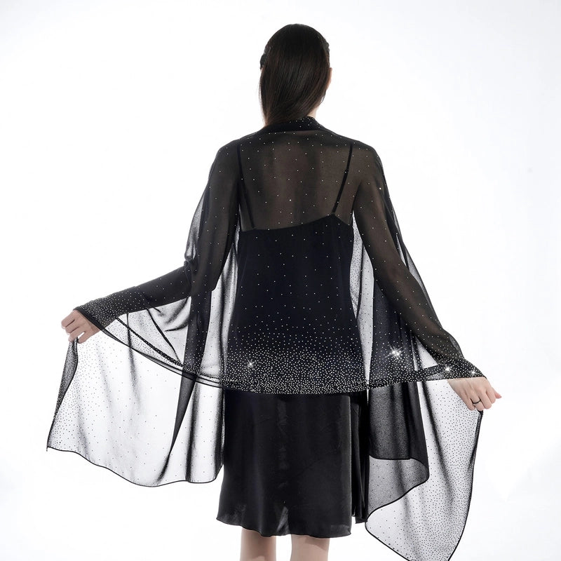 Hot New Pure Color Chiffon Starry Sky Hot Rhinestone Exquisite Elegant Dinner Style Extended Version High-end Women's Shawl