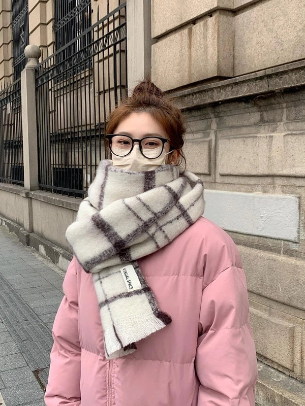 Plaid Tassel Mohair Scarf Women's Spring Students Travel Fashionable Sticker Casual Scarf