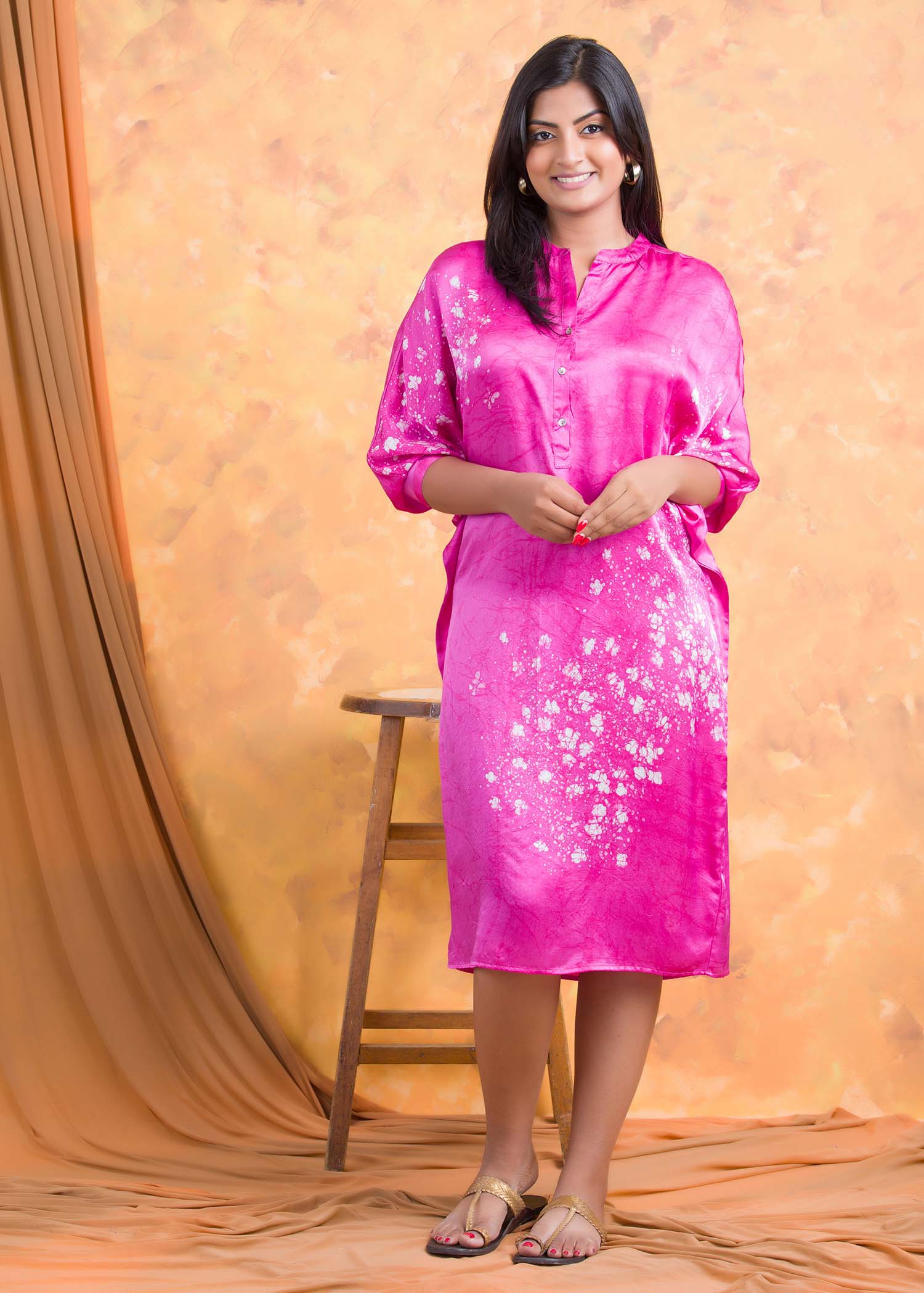 Floral detailed  collard short kaftan dress