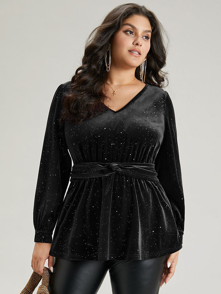 Glitter Sequin Velvet Twist Front V Neck Blouse
