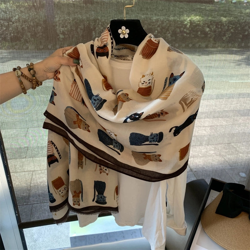 Women's Silk Scarf Summer Versatile Thin Scarf Cotton And Linen Scarf Blue Feather Tassel Beach Towel Sunscreen Shawl