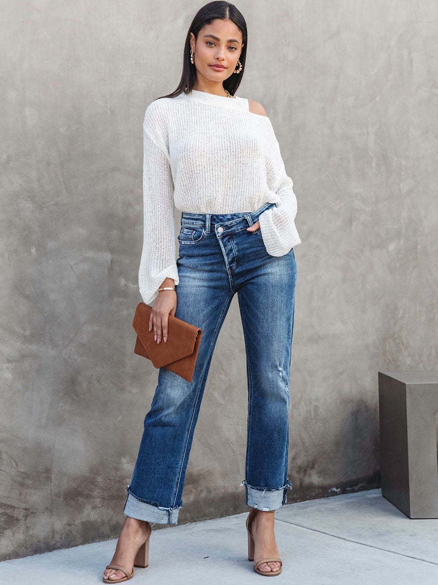 Street Solid Make Old Asymmetrical Straight Denim Jeans