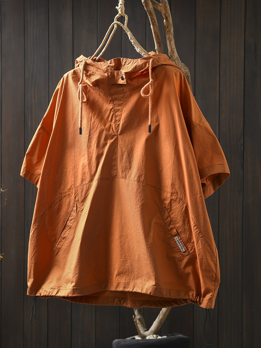 Women Summer Casual Pure Color Hooded Cotton Shirt