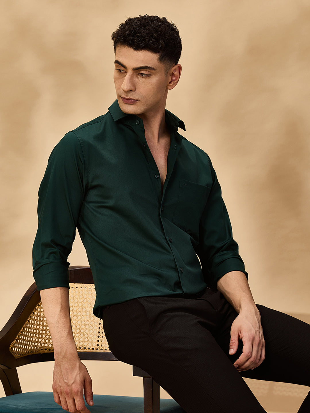 Men Satin Stretch Formal Green Shirt (SILAS)