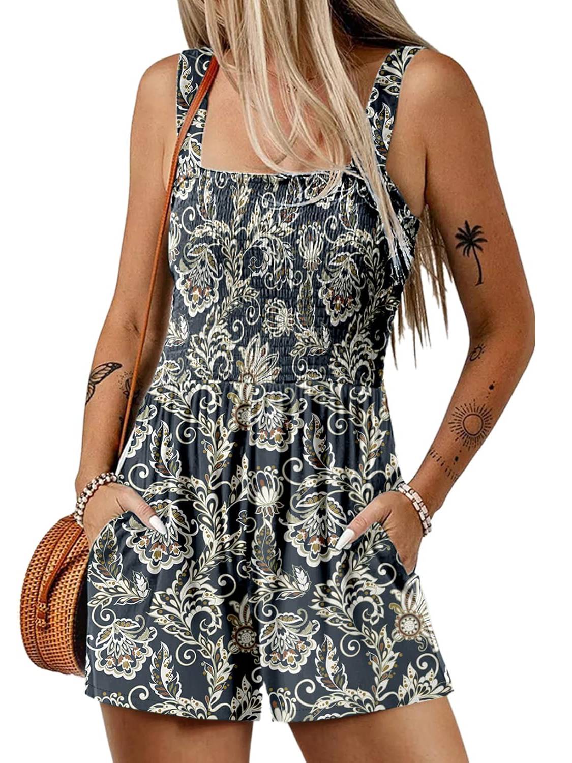 Women's Summer Square Neck Sleeveless Loose Casual Short Smocked Romper