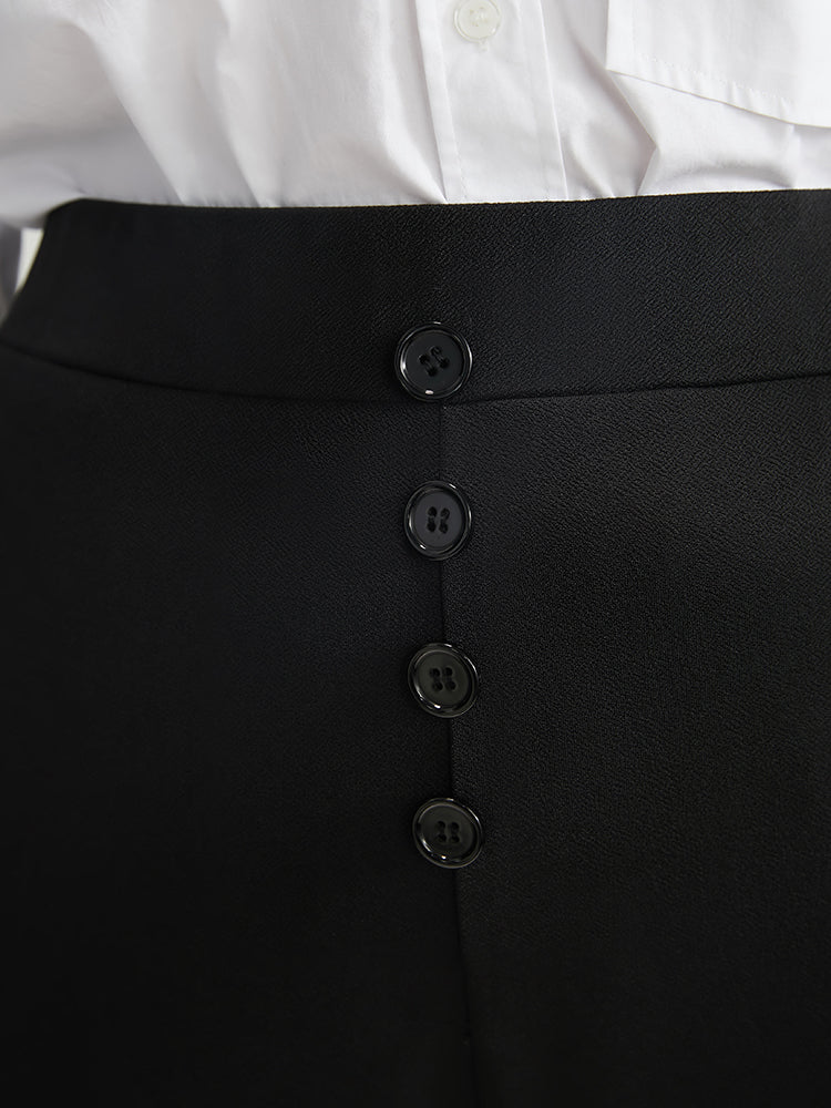 Solid Elastic Waist Fake Button Pocket Pants
