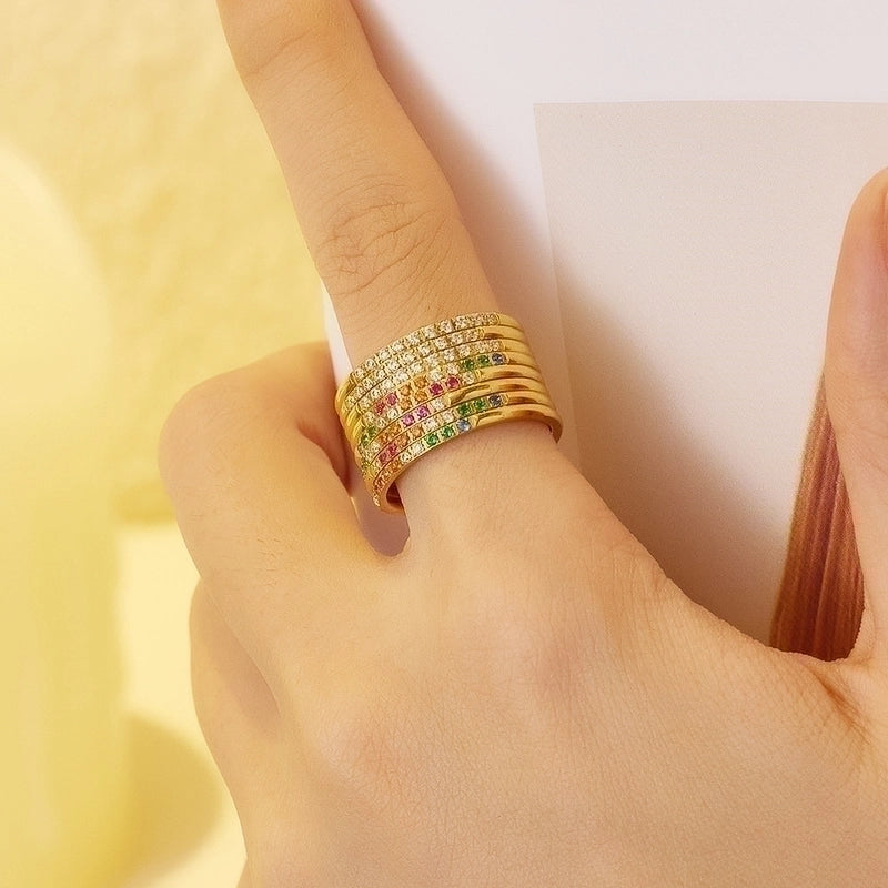 Minimalist Geometric Titanium Steel Polishing Plating Inlay Zircon Rings