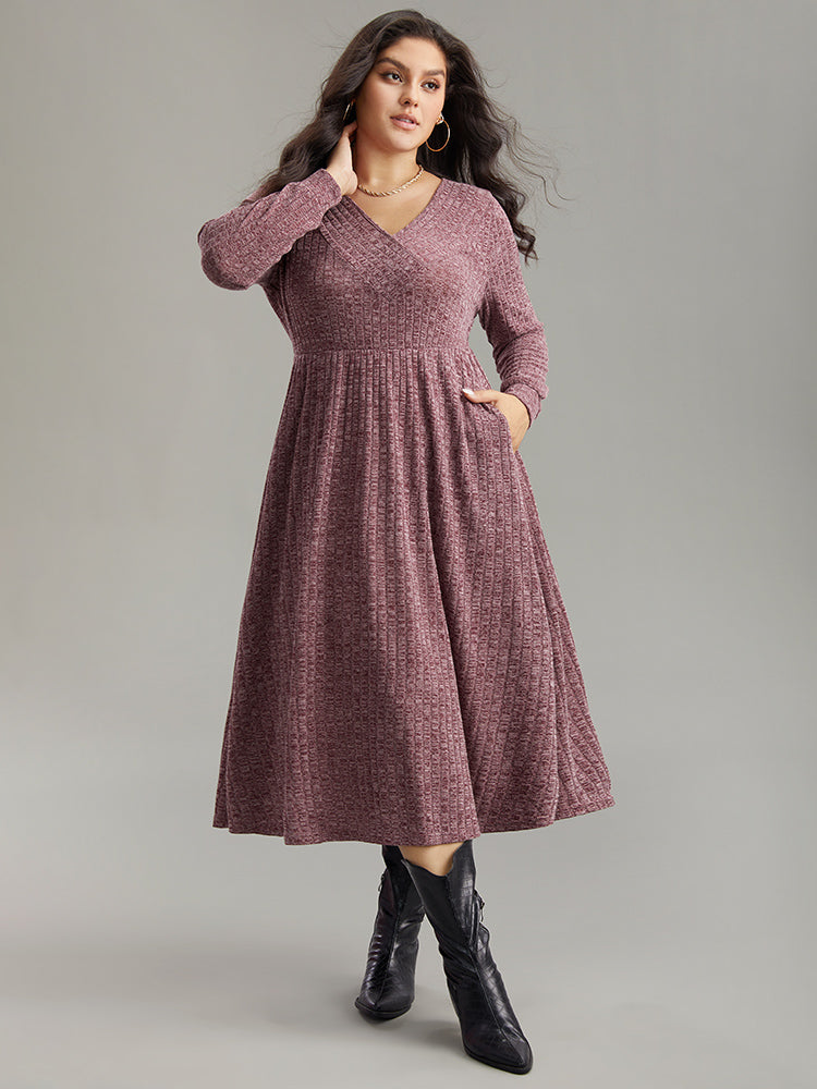 Rib Knit Plain Plisse Long Sleeve Dress