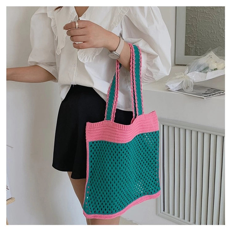 Women's Classic Style Color Block Knit Shopping Bags