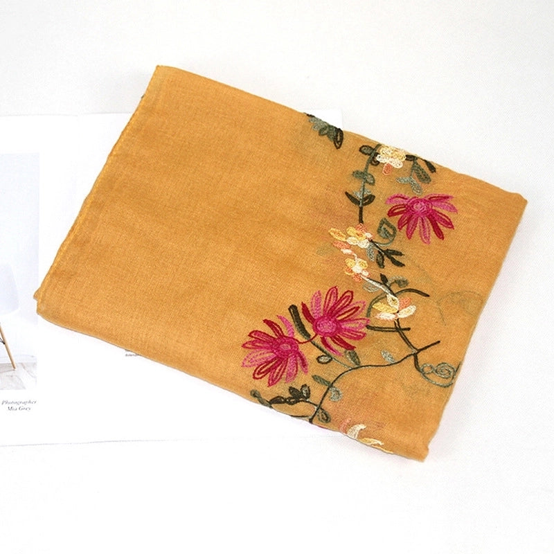 Women's Classic Style Flower Cotton And Linen Embroidery Scarf