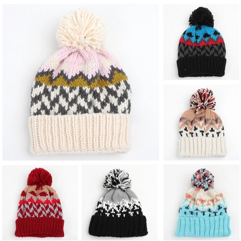 Unisex Retro Ethnic Style Color Block Pom Poms Eaveless Wool Cap