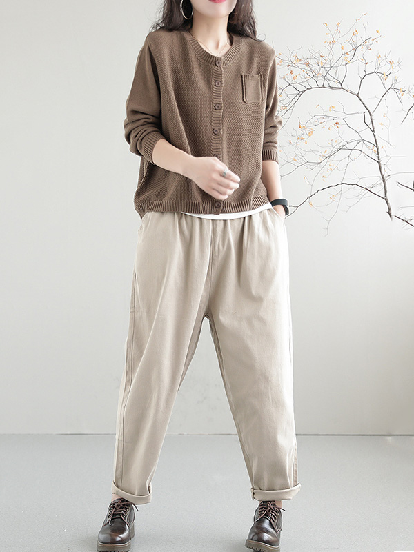 Simple Loose Long Sleeves Buttoned Solid Color Round-Neck Cardigan Tops