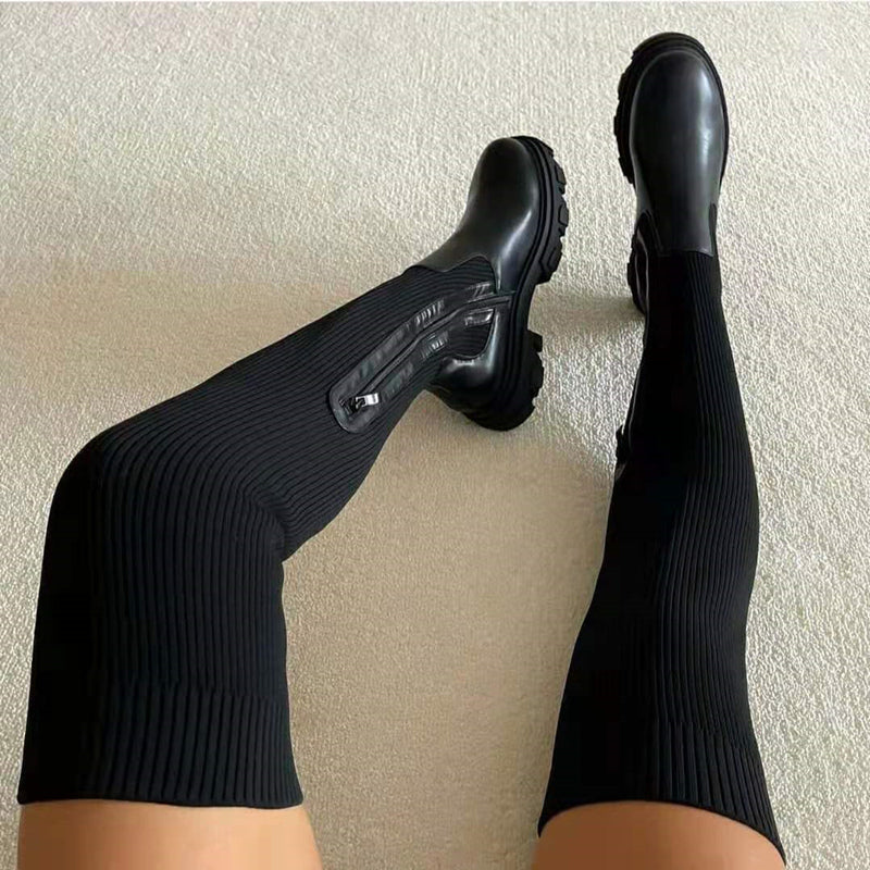 Fashion Patchwork Solid Color Round Keep Warm High Boots