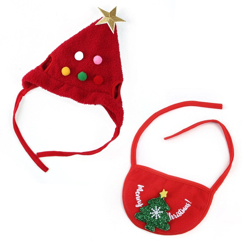 Pet Hat Saliva Towel Dog Christmas Head Cover Christmas Tree Shape Cat Saliva Towel Suit