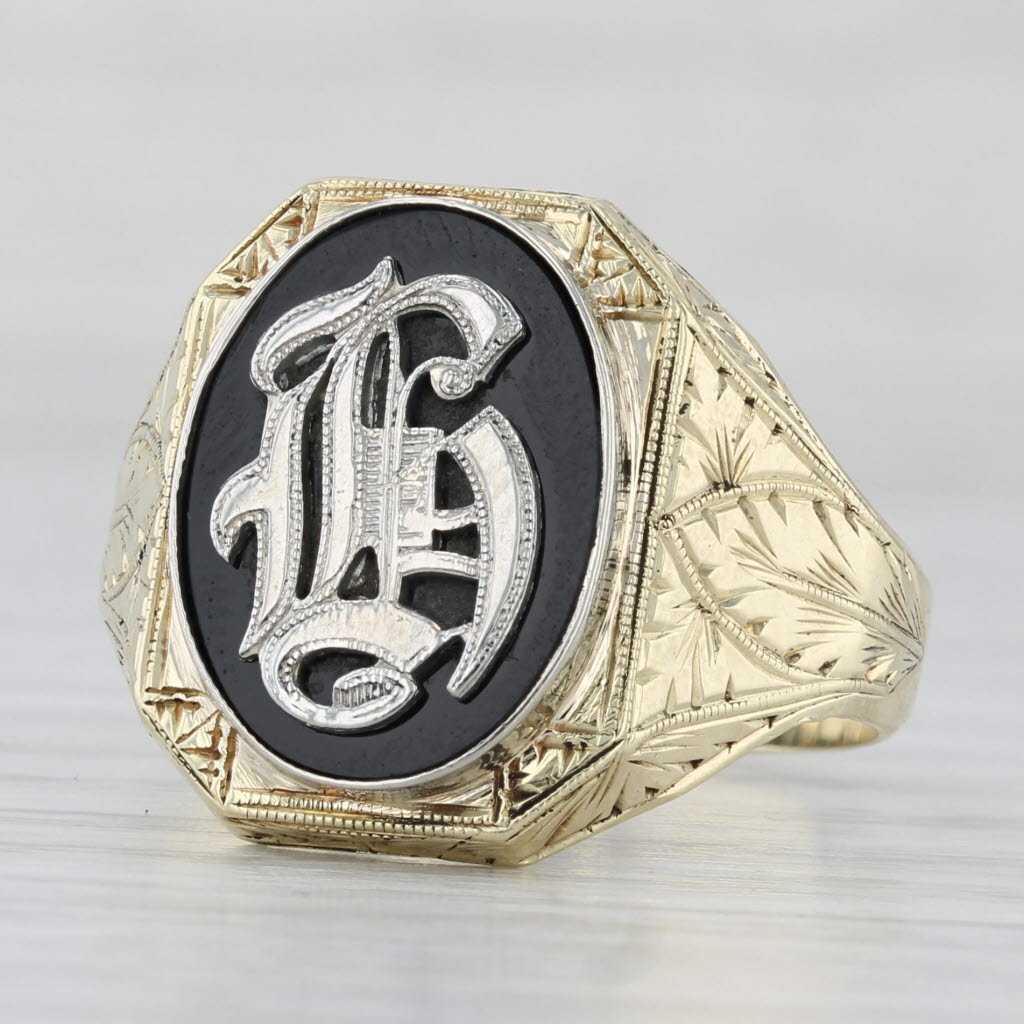 Vintage Ornate Old English Letter G Onyx Signet Ring 14k Gold Size 12
