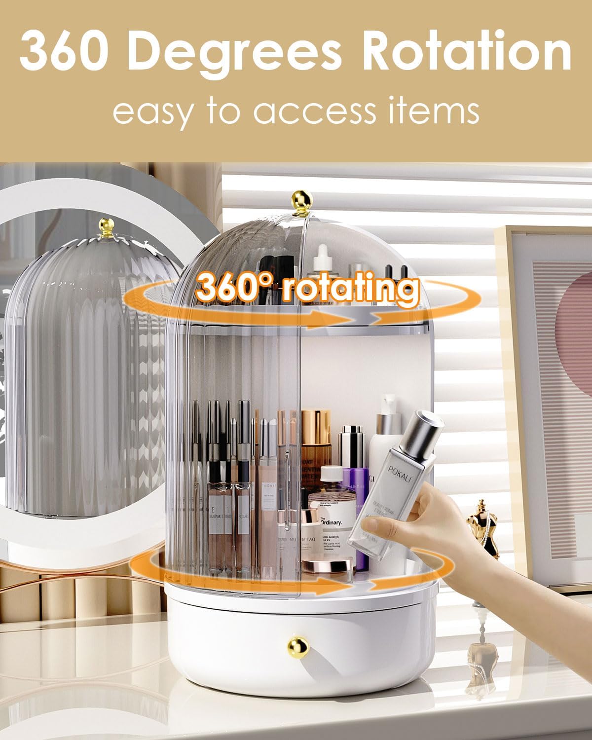 Rotating Makeup Storage With Cover And Drawer. Large Skincare Cosmetics Organizer