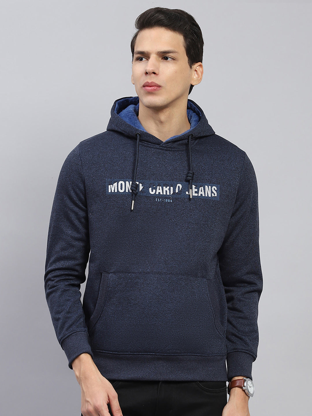 Men Navy Blue Printed Hooded Full Sleeve Sweatshirt